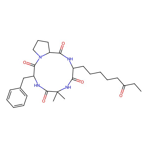 2D Structure of (3S,9S,14aR)-9-benzyl-6,6-dimethyl-3-(6-oxooctyl)decahydro-pyrrolo(1,2-a)(1,4,7,10)tetraazacyclododecine-1,4,7,10-tetraone