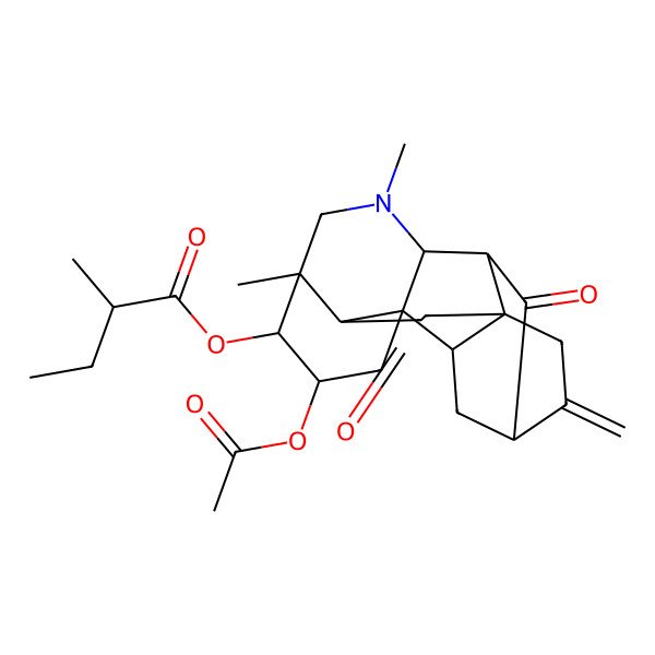 2D Structure of [(1S,3S,4S,5S,8S,9S,11S,14R,17R,18R)-3-acetyloxy-5,7-dimethyl-12-methylidene-10,16-dioxo-7-azahexacyclo[9.6.2.01,8.05,17.09,14.014,18]nonadecan-4-yl] (2R)-2-methylbutanoate