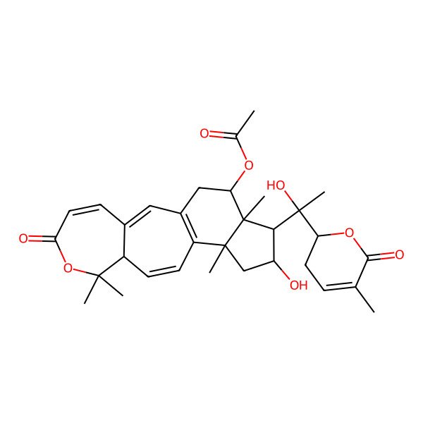 2D Structure of [(9R,13S,15S,16R,17R,18S)-15-hydroxy-16-[(1R)-1-hydroxy-1-[(2S)-5-methyl-6-oxo-2,3-dihydropyran-2-yl]ethyl]-8,8,13,17-tetramethyl-6-oxo-7-oxatetracyclo[10.7.0.03,9.013,17]nonadeca-1(12),2,4,10-tetraen-18-yl] acetate