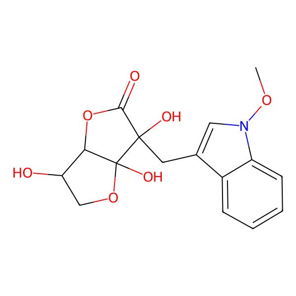 2D Structure of (3S,3aR,6S,6aS)-3,6,6a-trihydroxy-6-[(1-methoxyindol-3-yl)methyl]-3,3a-dihydro-2H-furo[3,2-b]furan-5-one