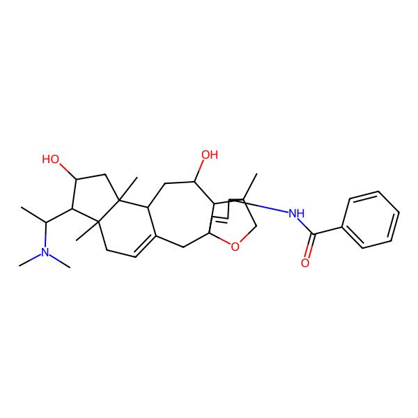 2D Structure of N-[7-[1-(dimethylamino)ethyl]-8,13-dihydroxy-6,10,15-trimethyl-19-oxapentacyclo[13.3.2.01,14.03,11.06,10]icosa-3,17-dien-16-yl]benzamide