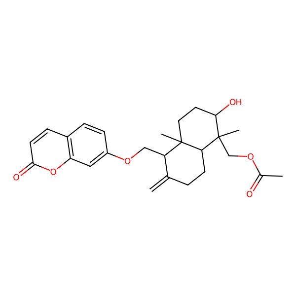 2D Structure of [(1R,2R,4aR,5R,8aS)-2-hydroxy-1,4a-dimethyl-6-methylidene-5-[(2-oxochromen-7-yl)oxymethyl]-3,4,5,7,8,8a-hexahydro-2H-naphthalen-1-yl]methyl acetate
