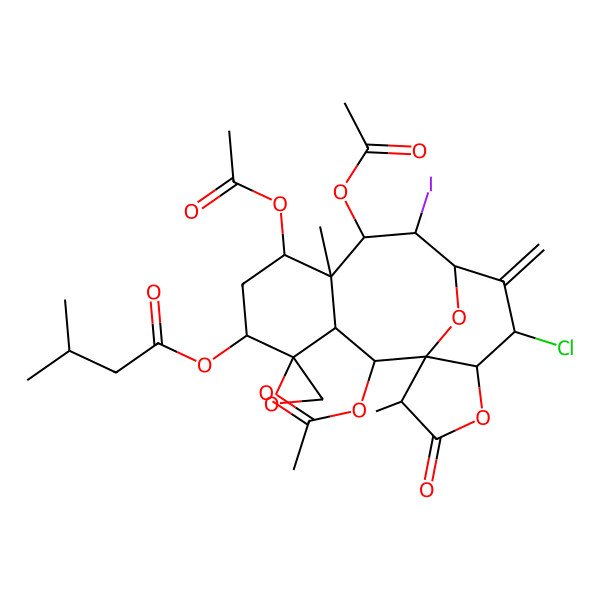 2D Structure of (2,7,9-Triacetyloxy-13-chloro-10-iodo-8,17-dimethyl-12-methylidene-16-oxospiro[15,18-dioxatetracyclo[9.6.1.01,14.03,8]octadecane-4,2'-oxirane]-5-yl) 3-methylbutanoate