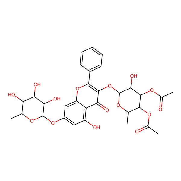 2D Structure of [(2S,3S,4S,5R,6S)-4-acetyloxy-5-hydroxy-6-[5-hydroxy-4-oxo-2-phenyl-7-[(2S,3R,4R,5R,6S)-3,4,5-trihydroxy-6-methyloxan-2-yl]oxychromen-3-yl]oxy-2-methyloxan-3-yl] acetate