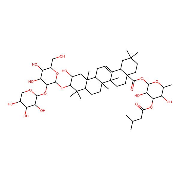 2D Structure of [(2S,3R,4R,5S,6S)-3,5-dihydroxy-6-methyl-4-(3-methylbutanoyloxy)oxan-2-yl] (4aS,6aR,6aS,6bR,8aR,10R,11R,12aR,14bS)-10-[(2R,3R,4S,5S,6R)-4,5-dihydroxy-6-(hydroxymethyl)-3-[(2S,3R,4S,5R)-3,4,5-trihydroxyoxan-2-yl]oxyoxan-2-yl]oxy-11-hydroxy-2,2,6a,6b,9,9,12a-heptamethyl-1,3,4,5,6,6a,7,8,8a,10,11,12,13,14b-tetradecahydropicene-4a-carboxylate