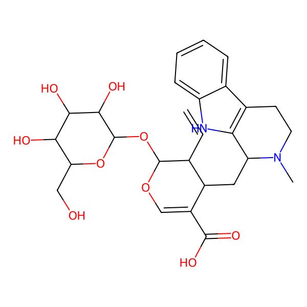 2D Structure of (2S,3R,4S)-3-ethenyl-4-[[(1S)-2-methyl-1,3,4,9-tetrahydropyrido[3,4-b]indol-1-yl]methyl]-2-[(2R,3S,4R,5R,6S)-3,4,5-trihydroxy-6-(hydroxymethyl)oxan-2-yl]oxy-3,4-dihydro-2H-pyran-5-carboxylic acid