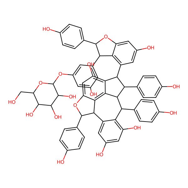 2D Structure of (1S,2R,3R,9S,10S,17S)-3-[(2R,3R)-6-hydroxy-2-(4-hydroxyphenyl)-3-[3-hydroxy-5-[(2S,3R,4S,5S,6R)-3,4,5-trihydroxy-6-(hydroxymethyl)oxan-2-yl]oxyphenyl]-2,3-dihydro-1-benzofuran-4-yl]-2,9,17-tris(4-hydroxyphenyl)-8-oxapentacyclo[8.7.2.04,18.07,19.011,16]nonadeca-4(18),5,7(19),11(16),12,14-hexaene-5,13,15-triol