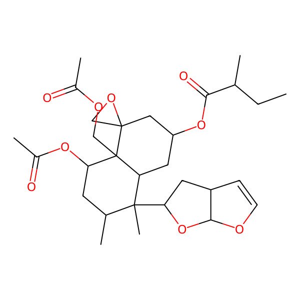 2D Structure of [(2S,4R,4aR,5S,7R,8S,8aR)-8-[(3aS,5S,6aS)-3a,4,5,6a-tetrahydrofuro[2,3-b]furan-5-yl]-5-acetyloxy-4a-(acetyloxymethyl)-7,8-dimethylspiro[2,3,5,6,7,8a-hexahydro-1H-naphthalene-4,2'-oxirane]-2-yl] (2R)-2-methylbutanoate