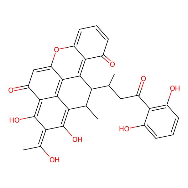 2D Structure of 18-[4-(2,6-Dihydroxyphenyl)-4-oxobutan-2-yl]-13,15-dihydroxy-14-(1-hydroxyethylidene)-17-methyl-8-oxapentacyclo[10.6.2.02,7.09,19.016,20]icosa-1,4,6,9,12,15,19-heptaene-3,11-dione
