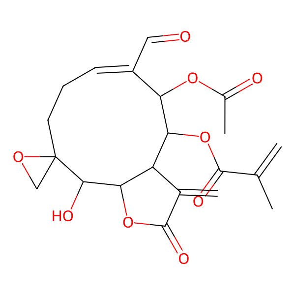 2D Structure of [(3aS,4S,5S,6E,10R,11R,11aS)-5-acetyloxy-6-formyl-11-hydroxy-3-methylidene-2-oxospiro[4,5,8,9,11,11a-hexahydro-3aH-cyclodeca[b]furan-10,2'-oxirane]-4-yl] 2-methylprop-2-enoate