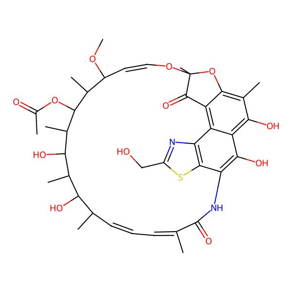 2D Structure of [(7R,9Z,11S,12R,13R,14S,15R,16R,17R,18R,19E,21E)-2,15,17,32-tetrahydroxy-28-(hydroxymethyl)-11-methoxy-3,7,12,14,16,18,22-heptamethyl-6,23-dioxo-8,33-dioxa-27-thia-24,29-diazapentacyclo[23.6.1.14,7.05,31.026,30]tritriaconta-1(31),2,4,9,19,21,25(32),26(30),28-nonaen-13-yl] acetate