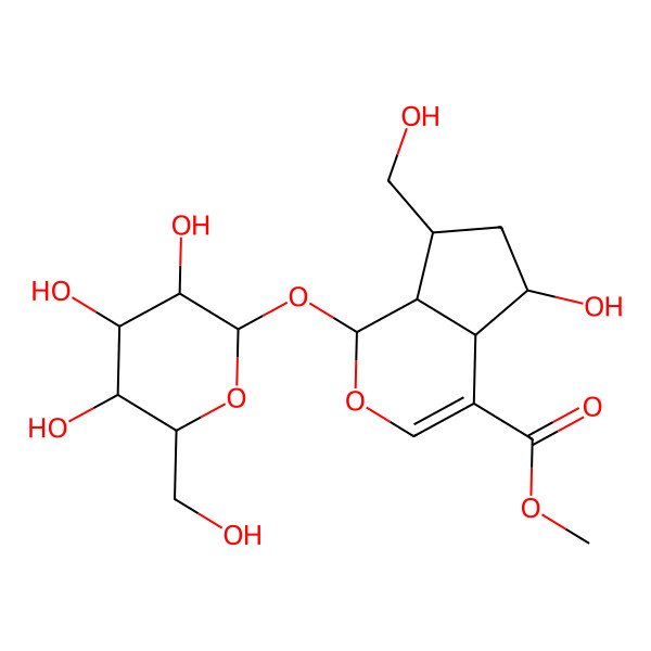 2D Structure of methyl (1S,4aS,5R,7S,7aR)-5-hydroxy-7-(hydroxymethyl)-1-[(2S,3S,4R,5S,6R)-3,4,5-trihydroxy-6-(hydroxymethyl)oxan-2-yl]oxy-1,4a,5,6,7,7a-hexahydrocyclopenta[c]pyran-4-carboxylate