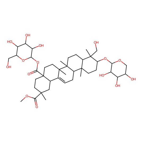 2D Structure of 2-O-methyl 4a-O-[(2S,3S,4R,5R,6S)-3,4,5-trihydroxy-6-(hydroxymethyl)oxan-2-yl] (2S,4aR,6aR,6aS,6bR,8aR,9R,10S,12aR,14bS)-9-(hydroxymethyl)-2,6a,6b,9,12a-pentamethyl-10-[(2S,3R,4S,5S)-3,4,5-trihydroxyoxan-2-yl]oxy-1,3,4,5,6,6a,7,8,8a,10,11,12,13,14b-tetradecahydropicene-2,4a-dicarboxylate