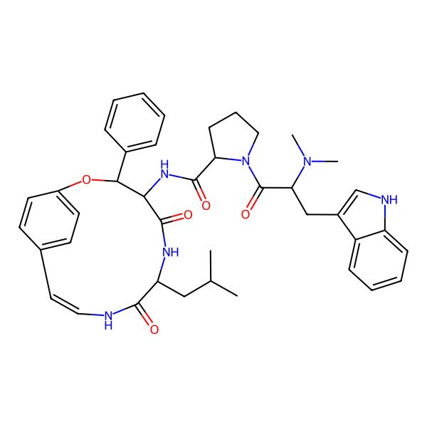 2D Structure of (2S)-1-[(2S)-2-(dimethylamino)-3-(1H-indol-3-yl)propanoyl]-N-[(3S,4S,7S,10Z)-7-(2-methylpropyl)-5,8-dioxo-3-phenyl-2-oxa-6,9-diazabicyclo[10.2.2]hexadeca-1(14),10,12,15-tetraen-4-yl]pyrrolidine-2-carboxamide