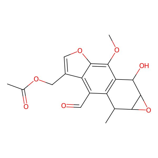 2D Structure of (8-Formyl-14-hydroxy-2-methoxy-10-methyl-4,12-dioxatetracyclo[7.5.0.03,7.011,13]tetradeca-1(9),2,5,7-tetraen-6-yl)methyl acetate