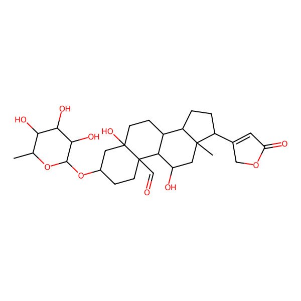 2D Structure of (3S,5S,8S,9S,10S,11R,13S,14R,17S)-5,11-dihydroxy-13-methyl-17-(5-oxo-2H-furan-3-yl)-3-[(2R,3R,4R,5R,6S)-3,4,5-trihydroxy-6-methyloxan-2-yl]oxy-1,2,3,4,6,7,8,9,11,12,14,15,16,17-tetradecahydrocyclopenta[a]phenanthrene-10-carbaldehyde