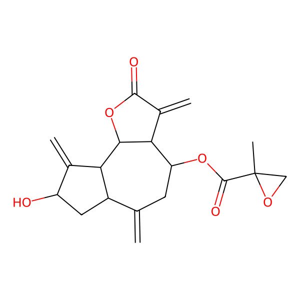 2D Structure of (8-Hydroxy-3,6,9-trimethylidene-2-oxo-3a,4,5,6a,7,8,9a,9b-octahydroazuleno[4,5-b]furan-4-yl) 2-methyloxirane-2-carboxylate