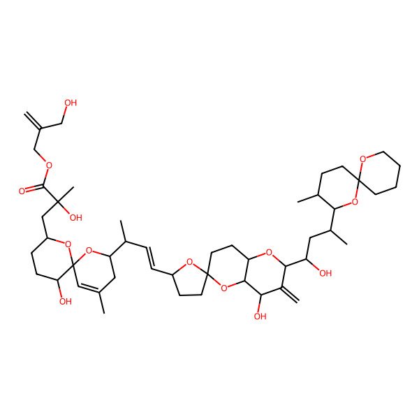 2D Structure of 2-(hydroxymethyl)prop-2-enyl (2R)-3-[(2S,6R,8S,11R)-2-[(E,2R)-4-[(2S,2'S,4R,4aS,6R,8aR)-4-hydroxy-2-[(1S,3S)-1-hydroxy-3-[(2S,3R,6S)-3-methyl-1,7-dioxaspiro[5.5]undecan-2-yl]butyl]-3-methylidenespiro[4a,7,8,8a-tetrahydro-4H-pyrano[3,2-b]pyran-6,5'-oxolane]-2'-yl]but-3-en-2-yl]-11-hydroxy-4-methyl-1,7-dioxaspiro[5.5]undec-4-en-8-yl]-2-hydroxy-2-methylpropanoate