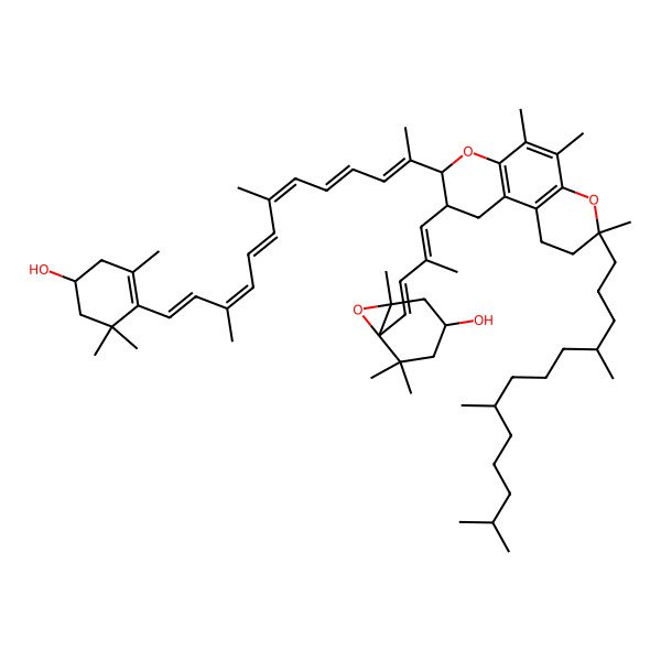 2D Structure of (1R,3S,6S)-6-[(1E,3E)-4-[(3S,8S,9S)-8-[(2E,4E,6E,8E,10E,12E)-13-[(4S)-4-hydroxy-2,6,6-trimethylcyclohexen-1-yl]-7,11-dimethyltrideca-2,4,6,8,10,12-hexaen-2-yl]-3,5,6-trimethyl-3-[(4R,8S)-4,8,12-trimethyltridecyl]-2,8,9,10-tetrahydro-1H-pyrano[3,2-f]chromen-9-yl]-3-methylbuta-1,3-dienyl]-1,5,5-trimethyl-7-oxabicyclo[4.1.0]heptan-3-ol