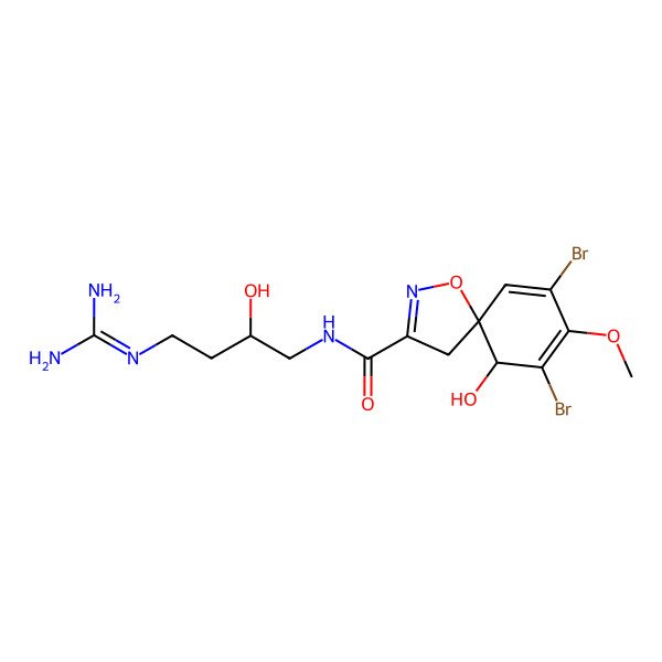2D Structure of (5R,6S)-7,9-dibromo-N-[(2R)-4-(diaminomethylideneamino)-2-hydroxybutyl]-6-hydroxy-8-methoxy-1-oxa-2-azaspiro[4.5]deca-2,7,9-triene-3-carboxamide