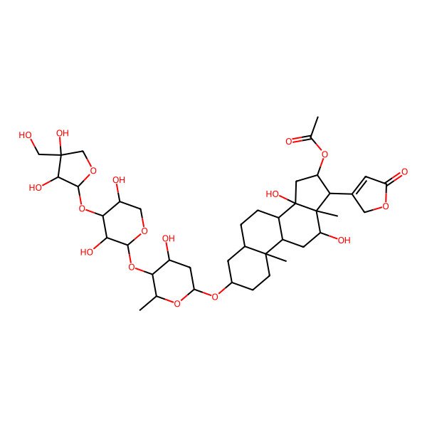 2D Structure of [(3S,5R,8R,9S,10S,12R,13S,14S,16S,17R)-3-[(2R,4S,5S,6R)-5-[(2S,3R,4S,5R)-4-[(2S,3R,4R)-3,4-dihydroxy-4-(hydroxymethyl)oxolan-2-yl]oxy-3,5-dihydroxyoxan-2-yl]oxy-4-hydroxy-6-methyloxan-2-yl]oxy-12,14-dihydroxy-10,13-dimethyl-17-(5-oxo-2H-furan-3-yl)-1,2,3,4,5,6,7,8,9,11,12,15,16,17-tetradecahydrocyclopenta[a]phenanthren-16-yl] acetate
