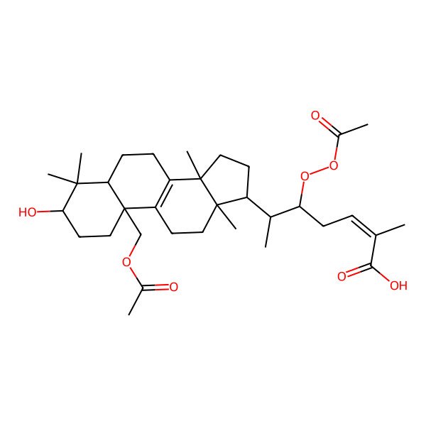 2D Structure of (E,5R,6S)-6-[(5R,10R,13R,14R,17R)-10-(acetyloxymethyl)-3-hydroxy-4,4,13,14-tetramethyl-2,3,5,6,7,11,12,15,16,17-decahydro-1H-cyclopenta[a]phenanthren-17-yl]-5-acetylperoxy-2-methylhept-2-enoic acid