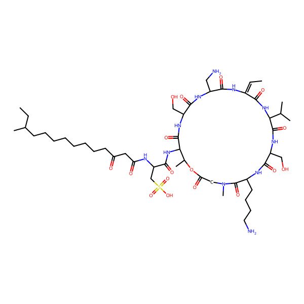2D Structure of 3-[[(15Z)-6-(4-aminobutyl)-18-(aminomethyl)-15-ethylidene-9,21-bis(hydroxymethyl)-4,25-dimethyl-2,5,8,11,14,17,20,23-octaoxo-12-propan-2-yl-1-oxa-4,7,10,13,16,19,22-heptazacyclopentacos-24-yl]amino]-2-[(12-methyl-3-oxotetradecanoyl)amino]-3-oxopropane-1-sulfonic acid