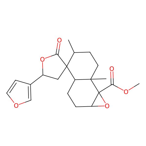 2D Structure of methyl (1aR,3aS,4R,5R,5'S,7aR,7bS)-5'-(furan-3-yl)-5,7a-dimethyl-2'-oxospiro[2,3,3a,5,6,7-hexahydro-1aH-naphtho[1,2-b]oxirene-4,3'-oxolane]-7b-carboxylate