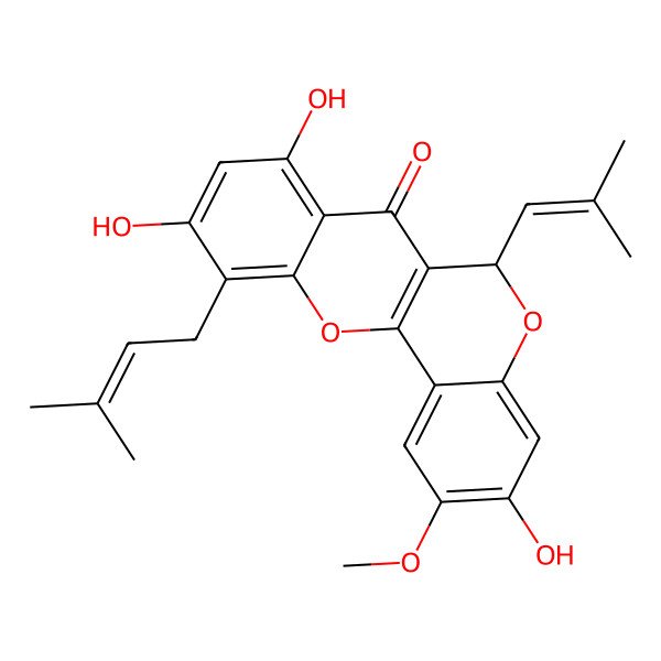 2D Structure of (6R)-3,8,10-trihydroxy-2-methoxy-11-(3-methylbut-2-enyl)-6-(2-methylprop-1-enyl)-6H-chromeno[4,3-b]chromen-7-one