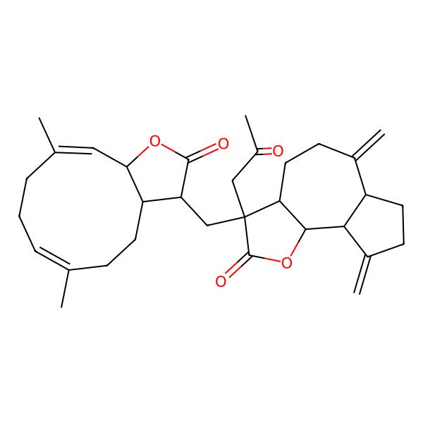 2D Structure of (3aS,6aR,9aR,9bS)-3-[[(3R,3aS,6Z,10Z,11aS)-6,10-dimethyl-2-oxo-3a,4,5,8,9,11a-hexahydro-3H-cyclodeca[b]furan-3-yl]methyl]-6,9-dimethylidene-3-(2-oxopropyl)-3a,4,5,6a,7,8,9a,9b-octahydroazuleno[4,5-b]furan-2-one