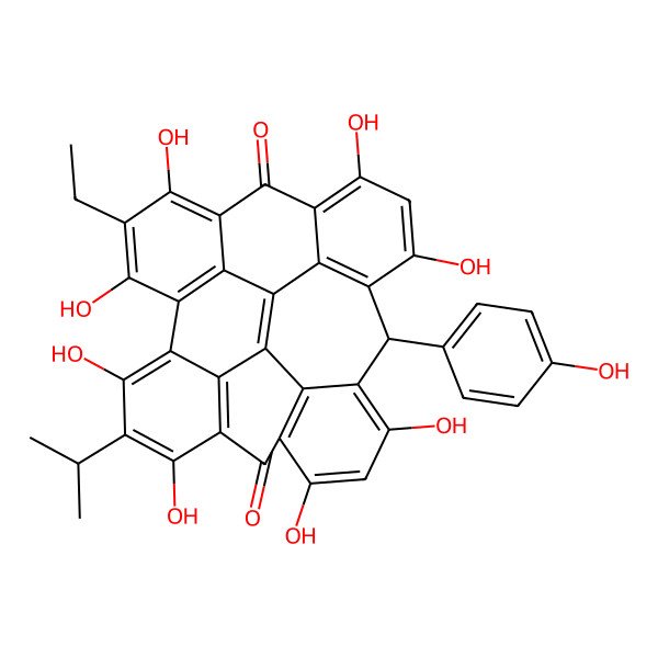 2D Structure of 6-Ethyl-5,7,11,13,17,19,23,25-octahydroxy-15-(4-hydroxyphenyl)-24-propan-2-yloctacyclo[14.11.1.12,10.03,8.04,26.020,28.022,27.014,29]nonacosa-1,3,5,7,10(29),11,13,16,18,20(28),22,24,26-tridecaene-9,21-dione