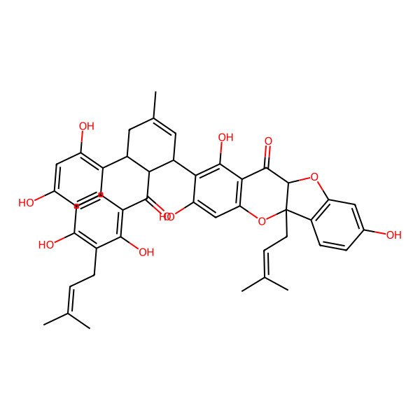 2D Structure of (5aS,10aR)-2-[(1R,5S,6R)-6-[2,4-dihydroxy-3-(3-methylbut-2-enyl)benzoyl]-5-(2,4-dihydroxyphenyl)-3-methylcyclohex-2-en-1-yl]-1,3,8-trihydroxy-5a-(3-methylbut-2-enyl)-10aH-[1]benzofuro[3,2-b]chromen-11-one