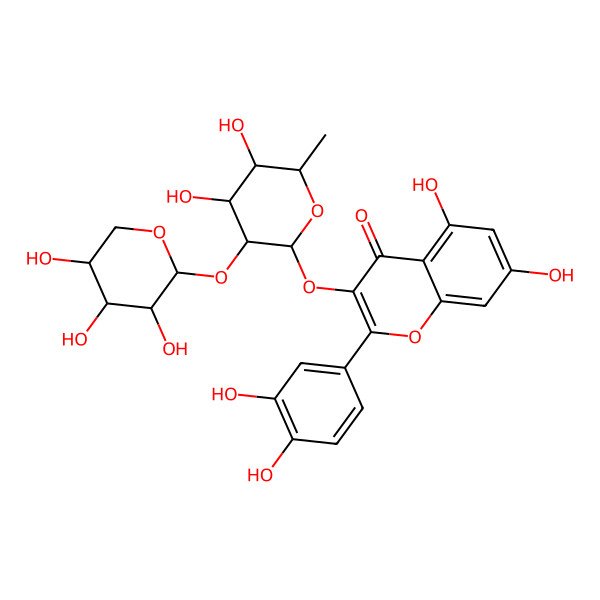 2D Structure of 3-[(2R,3R,4R,5S,6S)-4,5-dihydroxy-6-methyl-3-[(2S,3R,4S,5S)-3,4,5-trihydroxyoxan-2-yl]oxyoxan-2-yl]oxy-2-(3,4-dihydroxyphenyl)-5,7-dihydroxychromen-4-one