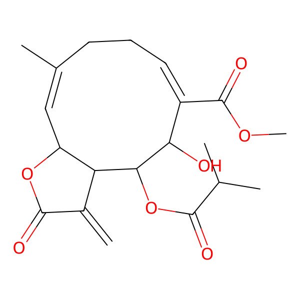2D Structure of methyl (3aS,4S,5S,6E,10E,11aR)-5-hydroxy-10-methyl-3-methylidene-4-(2-methylpropanoyloxy)-2-oxo-3a,4,5,8,9,11a-hexahydrocyclodeca[b]furan-6-carboxylate