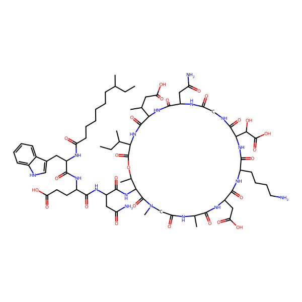 2D Structure of 5-[[4-amino-1-[[18-(4-aminobutyl)-9-(2-amino-2-oxoethyl)-3-butan-2-yl-15-[carboxy(hydroxy)methyl]-21-(carboxymethyl)-6-(1-carboxypropan-2-yl)-24,28,31-trimethyl-2,5,8,11,14,17,20,23,26,29-decaoxo-1-oxa-4,7,10,13,16,19,22,25,28-nonazacyclohentriacont-30-yl]amino]-1,4-dioxobutan-2-yl]amino]-4-[[3-(1H-indol-3-yl)-2-(8-methyldecanoylamino)propanoyl]amino]-5-oxopentanoic acid