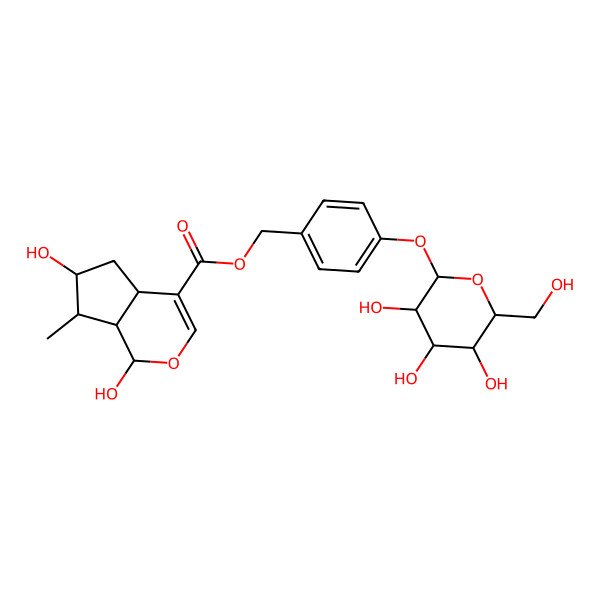 2D Structure of [4-[(2S,3R,4S,5S,6R)-3,4,5-trihydroxy-6-(hydroxymethyl)oxan-2-yl]oxyphenyl]methyl (1R,4aS,6S,7R,7aS)-1,6-dihydroxy-7-methyl-1,4a,5,6,7,7a-hexahydrocyclopenta[c]pyran-4-carboxylate