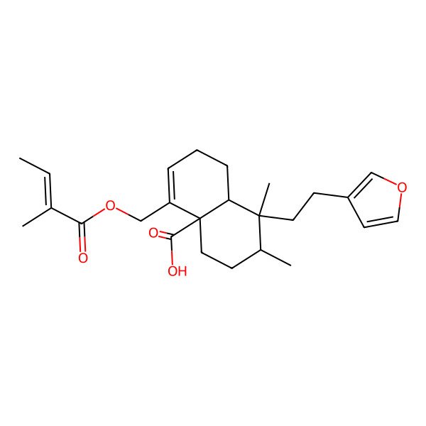 2D Structure of (4aS,7R,8R,8aS)-8-[2-(furan-3-yl)ethyl]-7,8-dimethyl-4-[[(Z)-2-methylbut-2-enoyl]oxymethyl]-1,2,5,6,7,8a-hexahydronaphthalene-4a-carboxylic acid