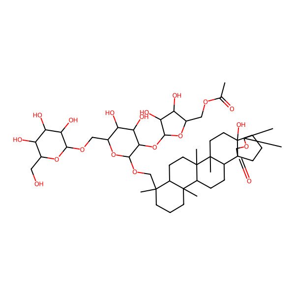 2D Structure of [(2S,3R,4R,5S)-5-[(2R,3R,4S,5S,6R)-4,5-dihydroxy-2-[[(1S,2S,5R,6R,10S,11R,14R,15R,18R,19S)-18-hydroxy-6,10,14,15,20,20-hexamethyl-22-oxo-21-oxahexacyclo[17.3.2.01,18.02,15.05,14.06,11]tetracosan-10-yl]methoxy]-6-[[(2R,3R,4S,5S,6R)-3,4,5-trihydroxy-6-(hydroxymethyl)oxan-2-yl]oxymethyl]oxan-3-yl]oxy-3,4-dihydroxyoxolan-2-yl]methyl acetate