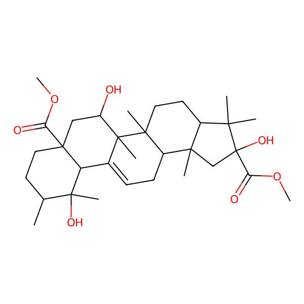 2D Structure of dimethyl (2S,3aR,5aR,5bS,6S,7aS,10R,11R,11aS,13aR,13bR)-2,6,11-trihydroxy-3,3,5a,5b,10,11,13b-heptamethyl-1,3a,4,5,6,7,8,9,10,11a,13,13a-dodecahydrocyclopenta[a]chrysene-2,7a-dicarboxylate