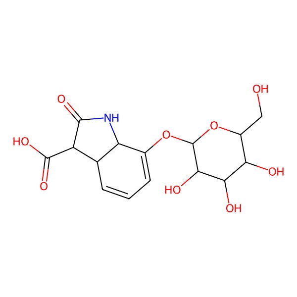 2D Structure of (3S,3aS,7aR)-2-oxo-7-[(2S,3R,4S,5S,6R)-3,4,5-trihydroxy-6-(hydroxymethyl)oxan-2-yl]oxy-1,3,3a,7a-tetrahydroindole-3-carboxylic acid