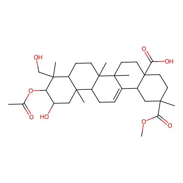 2D Structure of 10-Acetyloxy-11-hydroxy-9-(hydroxymethyl)-2-methoxycarbonyl-2,6a,6b,9,12a-pentamethyl-1,3,4,5,6,6a,7,8,8a,10,11,12,13,14b-tetradecahydropicene-4a-carboxylic acid