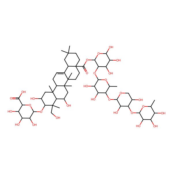 2D Structure of (2S,3S,4S,5R,6R)-6-[[(2S,3R,4R,4aS,5R,6aR,6bS,8aS,12aS,14aR,14bR)-8a-[(2S,3R,4S,5S,6R)-3-[(2S,3R,4S,5R,6S)-5-[(2S,3R,4S,5R)-3,5-dihydroxy-4-[(2S,3R,4R,5R,6S)-3,4,5-trihydroxy-6-methyloxan-2-yl]oxyoxan-2-yl]oxy-3,4-dihydroxy-6-methyloxan-2-yl]oxy-4,5,6-trihydroxyoxan-2-yl]oxycarbonyl-2,5-dihydroxy-4-(hydroxymethyl)-4,6a,6b,11,11,14b-hexamethyl-1,2,3,4a,5,6,7,8,9,10,12,12a,14,14a-tetradecahydropicen-3-yl]oxy]-3,4,5-trihydroxyoxane-2-carboxylic acid