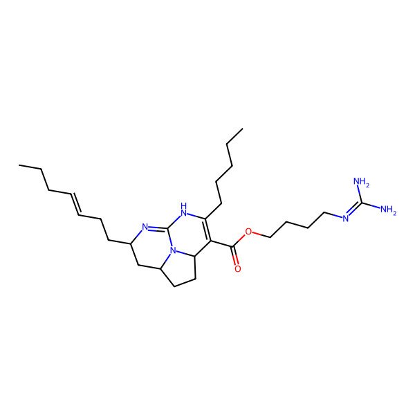 2D Structure of 4-(diaminomethylideneamino)butyl (1R,4S,10S)-10-[(Z)-hept-3-enyl]-6-pentyl-7,9,12-triazatricyclo[6.3.1.04,12]dodeca-5,8-diene-5-carboxylate