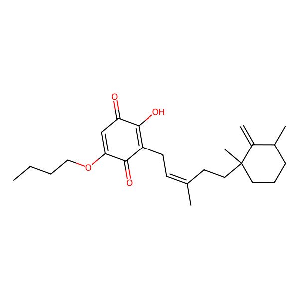 2D Structure of 5-butoxy-3-[(E)-5-[(1R,3R)-1,3-dimethyl-2-methylidenecyclohexyl]-3-methylpent-2-enyl]-2-hydroxycyclohexa-2,5-diene-1,4-dione