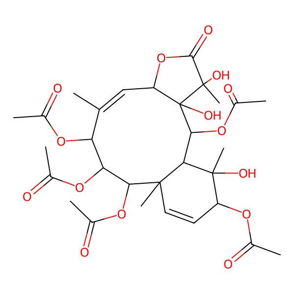 2D Structure of [(1S,2R,3S,4S,7S,8Z,10S,11R,12R,13S,16R,17S)-2,10,11,12-tetraacetyloxy-3,4,17-trihydroxy-4,9,13,17-tetramethyl-5-oxo-6-oxatricyclo[11.4.0.03,7]heptadeca-8,14-dien-16-yl] acetate