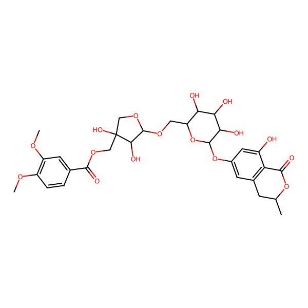 2D Structure of [(3S,4R,5R)-3,4-dihydroxy-5-[[(2R,3S,4S,5R,6S)-3,4,5-trihydroxy-6-[[(3R)-8-hydroxy-3-methyl-1-oxo-3,4-dihydroisochromen-6-yl]oxy]oxan-2-yl]methoxy]oxolan-3-yl]methyl 3,4-dimethoxybenzoate
