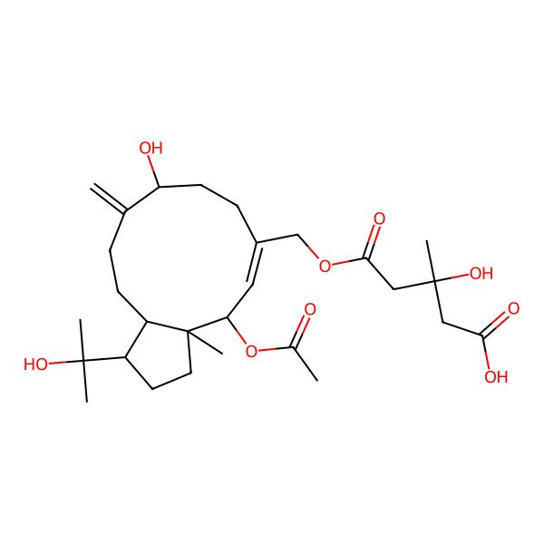 2D Structure of (3S)-5-[[(1R,3aS,4R,5Z,9S,12aR)-4-acetyloxy-9-hydroxy-1-(2-hydroxypropan-2-yl)-3a-methyl-10-methylidene-1,2,3,4,7,8,9,11,12,12a-decahydrocyclopenta[11]annulen-6-yl]methoxy]-3-hydroxy-3-methyl-5-oxopentanoic acid