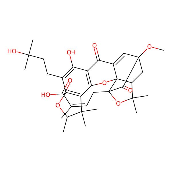 2D Structure of 4-[11-Hydroxy-10-(3-hydroxy-3-methylbutyl)-16-methoxy-6,6,7,20,20-pentamethyl-13,17-dioxo-3,8,19-trioxahexacyclo[14.4.1.02,14.02,18.04,12.05,9]henicosa-4(12),5(9),10,14-tetraen-18-yl]-2-methylbut-2-enoic acid
