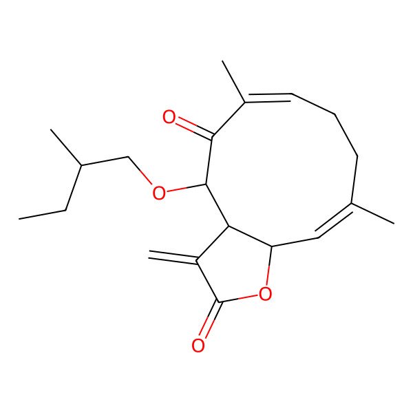 2D Structure of (3aS,4R,6Z,10Z,11aS)-6,10-dimethyl-4-(2-methylbutoxy)-3-methylidene-4,8,9,11a-tetrahydro-3aH-cyclodeca[b]furan-2,5-dione