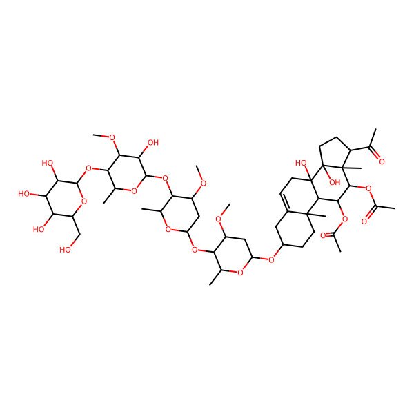 2D Structure of [(3S,8S,9S,10R,11S,12S,13S,14R,17S)-17-acetyl-12-acetyloxy-8,14-dihydroxy-3-[(2R,4S,5R,6R)-5-[(2S,4S,5R,6R)-5-[(2S,3R,4S,5R,6R)-3-hydroxy-4-methoxy-6-methyl-5-[(2S,3R,4S,5S,6R)-3,4,5-trihydroxy-6-(hydroxymethyl)oxan-2-yl]oxyoxan-2-yl]oxy-4-methoxy-6-methyloxan-2-yl]oxy-4-methoxy-6-methyloxan-2-yl]oxy-10,13-dimethyl-2,3,4,7,9,11,12,15,16,17-decahydro-1H-cyclopenta[a]phenanthren-11-yl] acetate